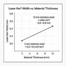 Graph showing that kerf width increases with material thickness, from about 0.2–0.4 mm at 2 mm stainless steel to 0.6–0.8 mm at 12 mm.