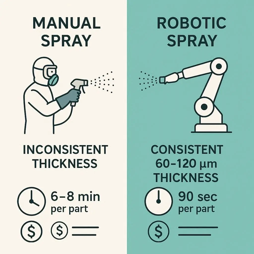 Side-by-side comparison of manual electrostatic powder spray vs robotic spray, showing differences in film thickness consistency, cycle time, and labor cost.