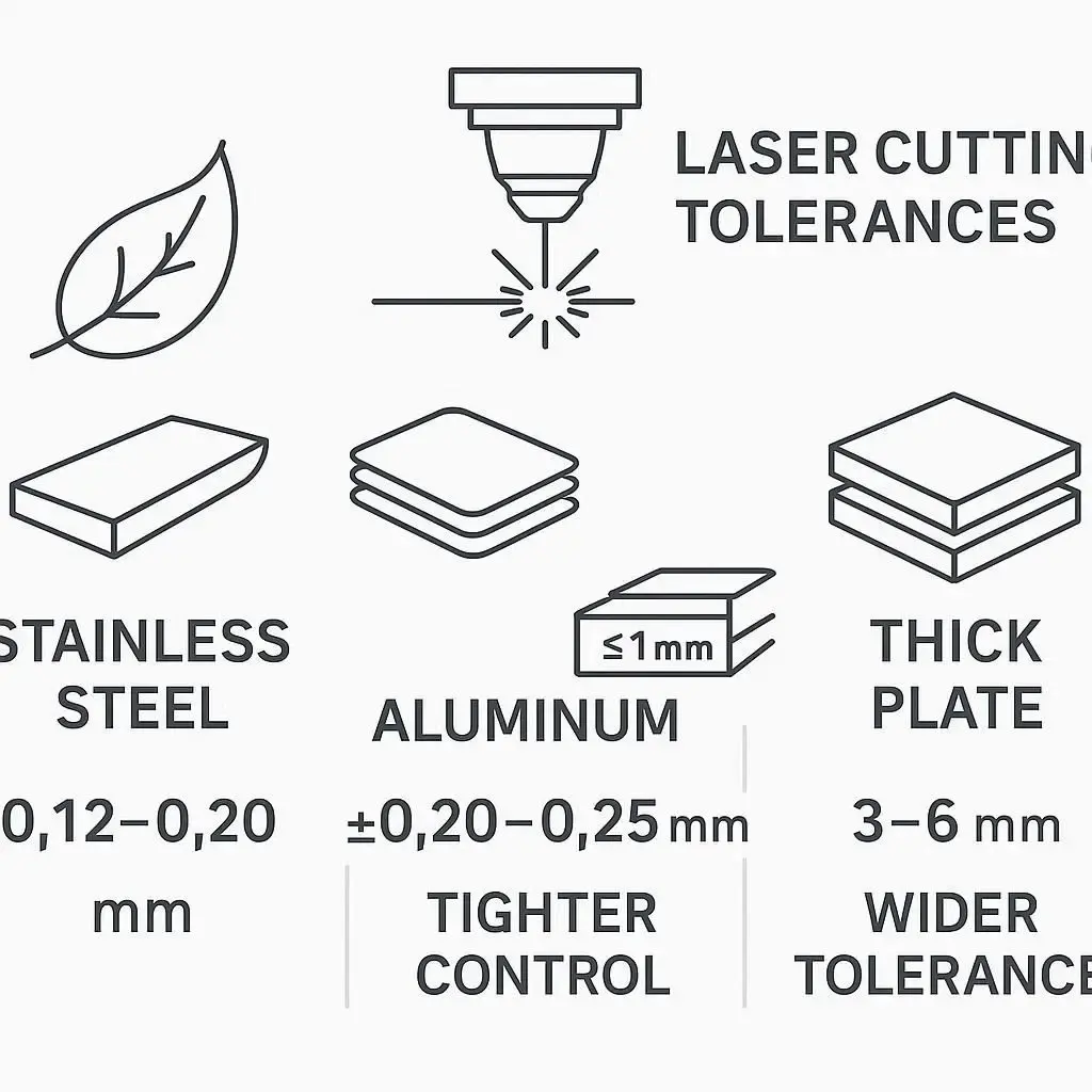 Comparison chart of stainless vs aluminum tolerances in laser cutting, showing stainless runs tighter than aluminum.
