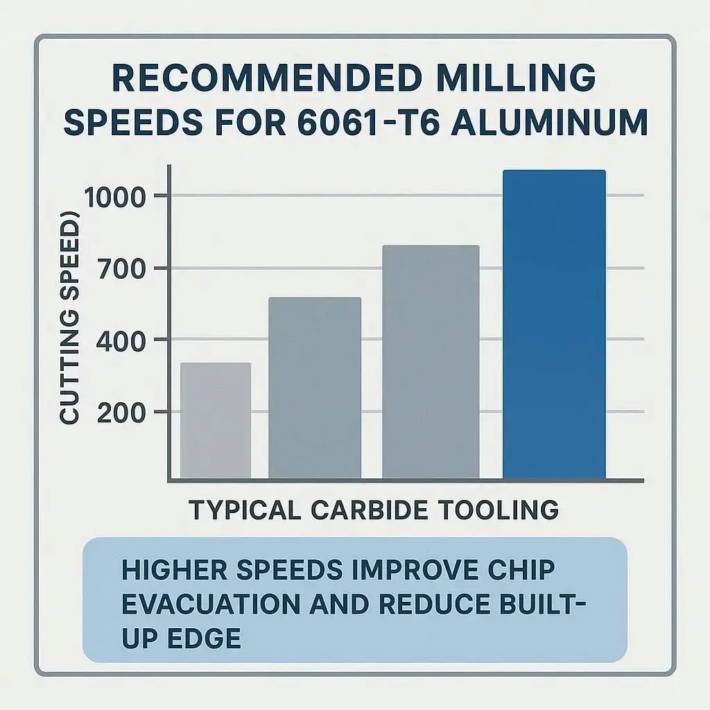 Bar chart showing typical milling speeds for 6061 aluminum with carbide tooling, ranging from 300 to 1000 meters per minute.