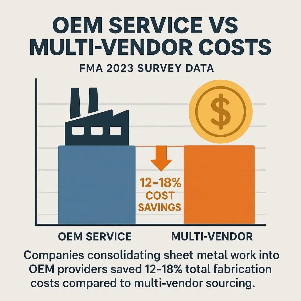 Bar chart showing that companies consolidating sheet metal fabrication into OEM providers saved 12–18% compared to multi-vendor sourcing, FMA 2023.