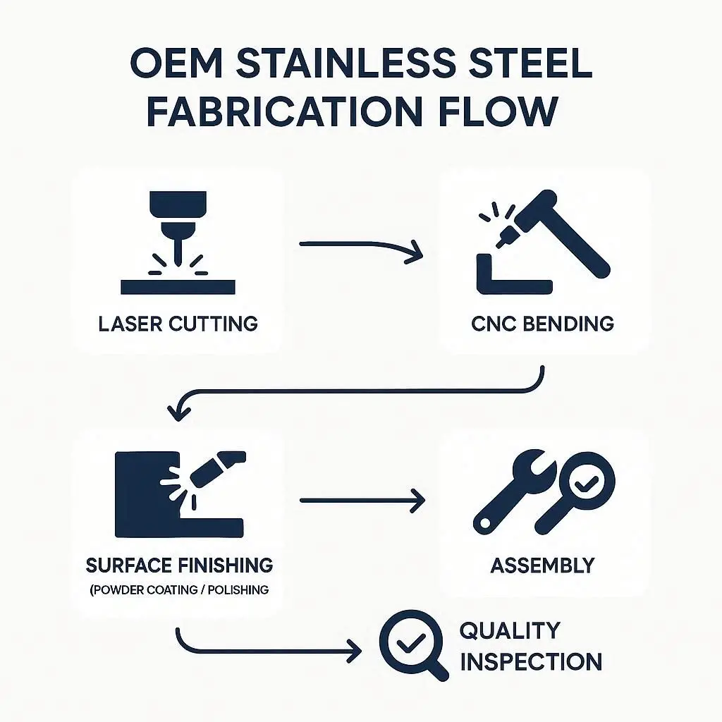 Infographic showing OEM stainless steel fabrication process flow from cutting, bending, welding, finishing, assembly to quality inspection.