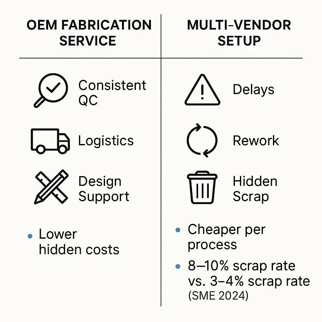 Comparison chart of OEM fabrication service vs multi-vendor setup, showing QC consistency, logistics efficiency, and scrap rate difference (3–4% vs 8–10%).