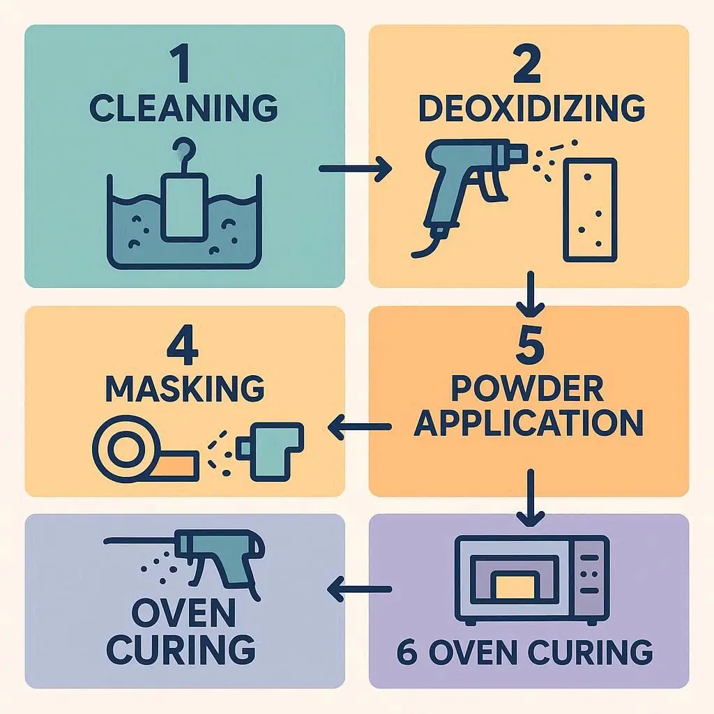 Process flow diagram showing pretreatment and powder coating steps: cleaning, deoxidizing, conversion coating, masking, powder application, curing.