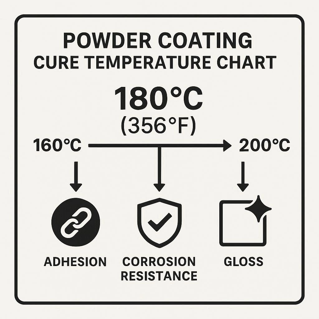 Infographic showing powder coating cure temperature range of 160–200°C with effects on adhesion, gloss, and corrosion resistance.