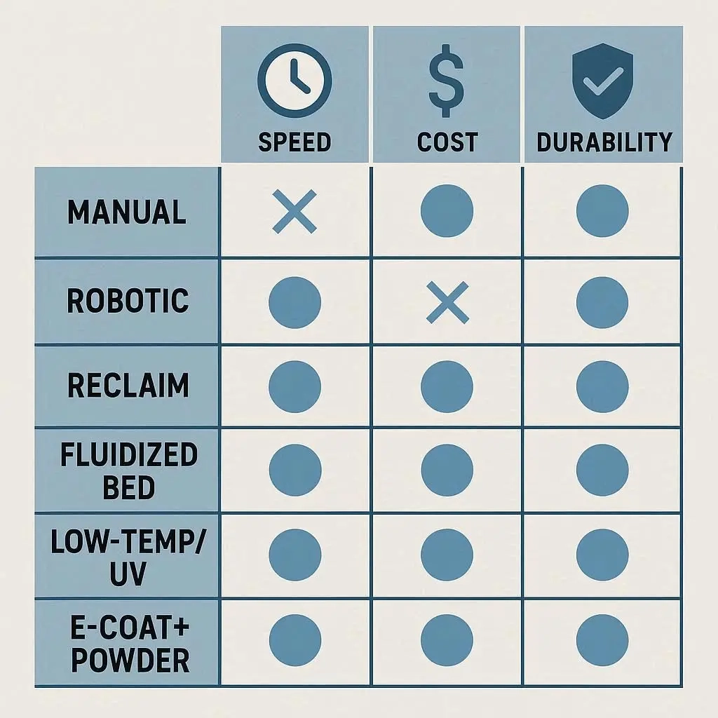 Matrix comparing powder coating methods by speed, cost, and durability: manual, robotic, reclaim, fluidized bed, low-temp/UV, e-coat + powder.
