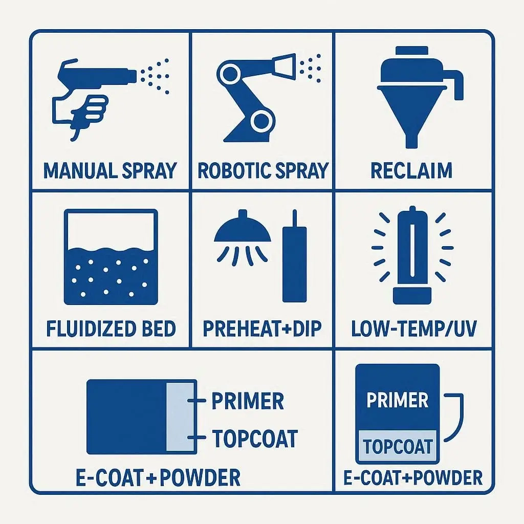 Diagram summarizing 7 powder coating methods for metal enclosures: manual spray, robotic spray, reclaim, fluidized bed, preheat + dip, low-temp/UV, e-coat + powder.