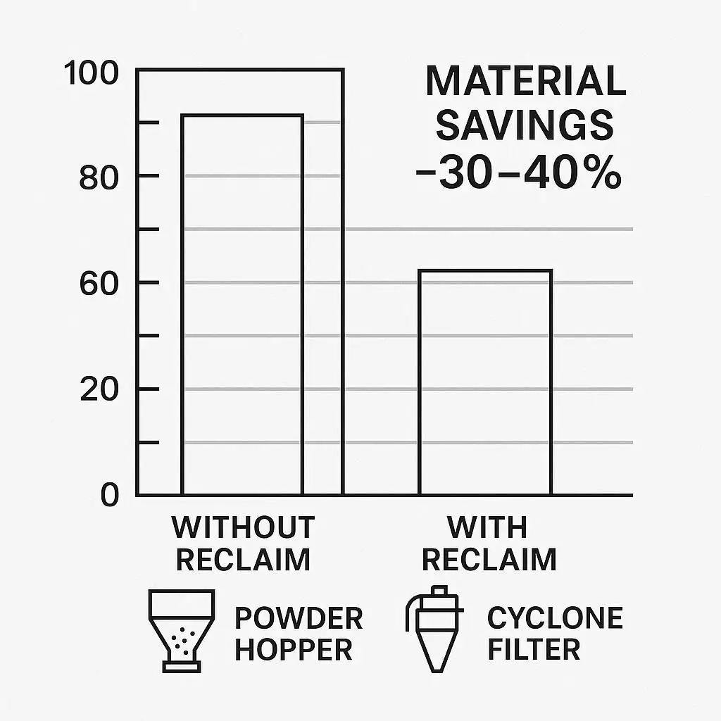 Bar chart showing powder material savings with reclaim system compared to no reclaim, highlighting reduced waste and cost.