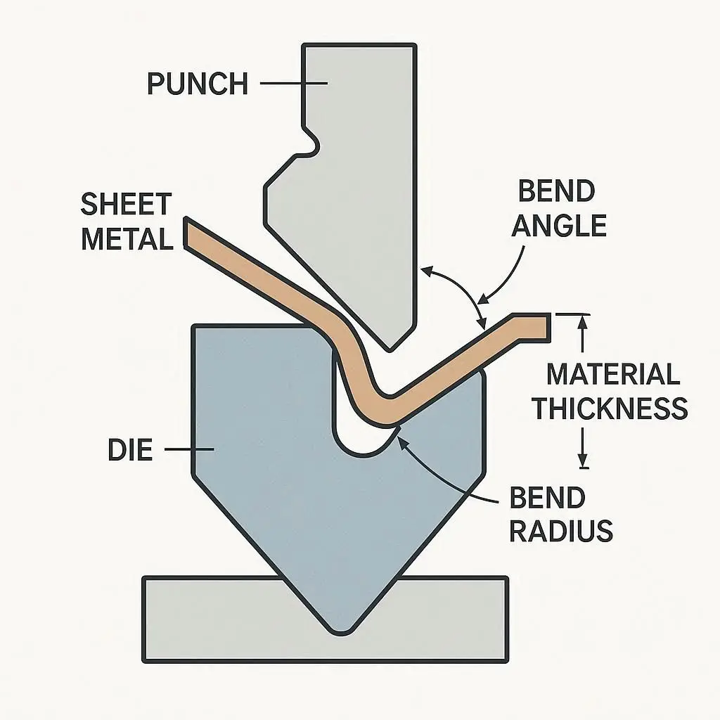 Diagram of press brake machine showing punch, die, sheet metal, bend angle, material thickness, V-die opening, and bend radius.