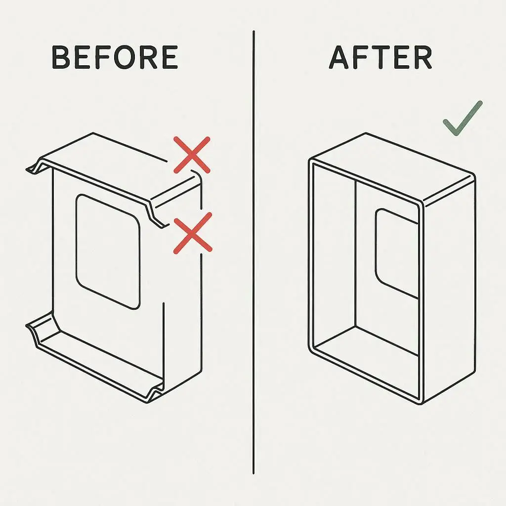 Before-and-after sketch of telecom enclosure bending: air bending attempt with inconsistent angles vs bottoming with CNC crowning achieving consistent tolerance.