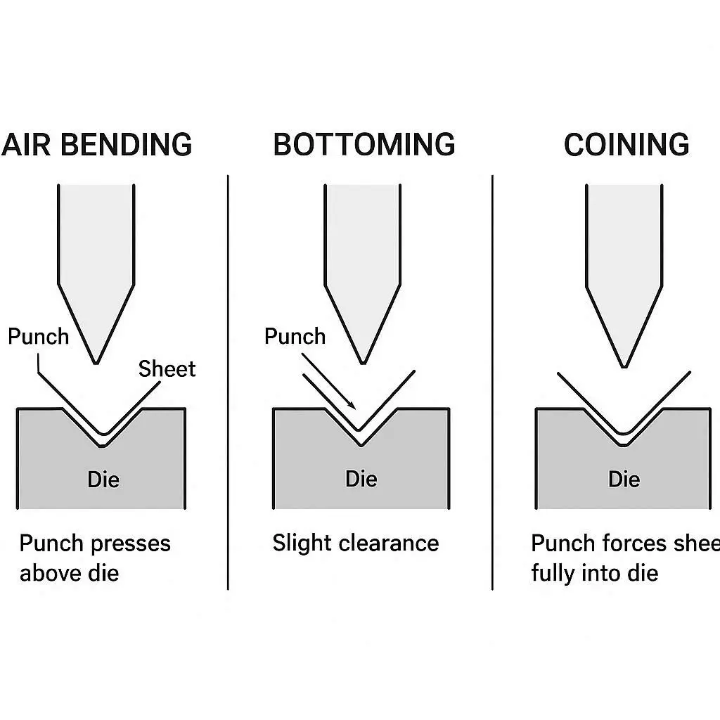 Three-panel diagram comparing air bending, bottoming, and coining methods in press brake forming
