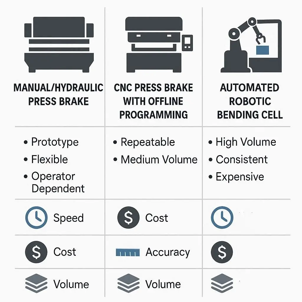 Infographic matrix comparing manual press brake, CNC press brake, and automated robotic bending cell with pros and cons.
