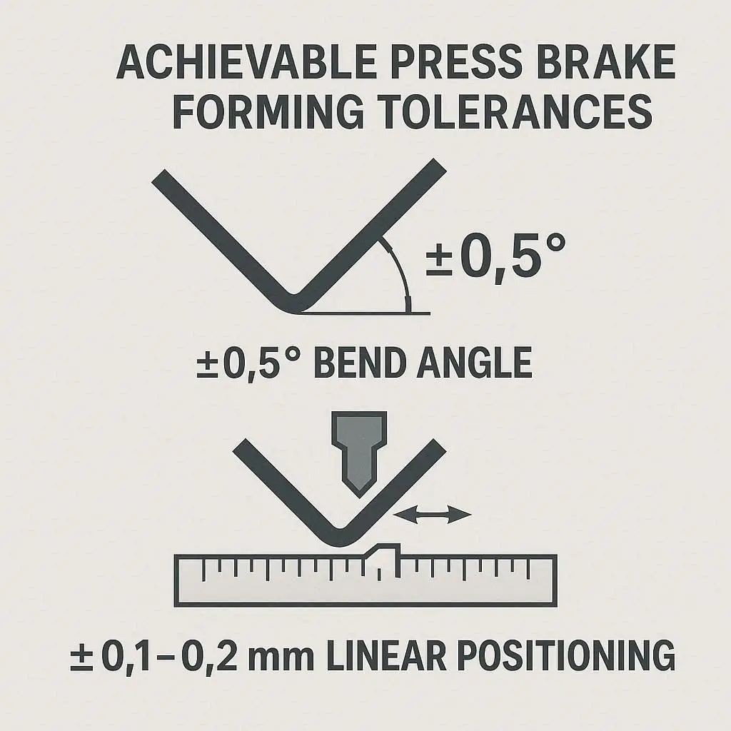 Infographic showing press brake forming tolerances of ±0.5° for bend angle and ±0.1–0.2 mm for linear positioning.