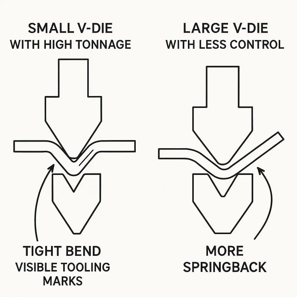 Side-by-side diagram showing sheet metal bending with small V-die vs large V-die, highlighting springback and tooling marks.