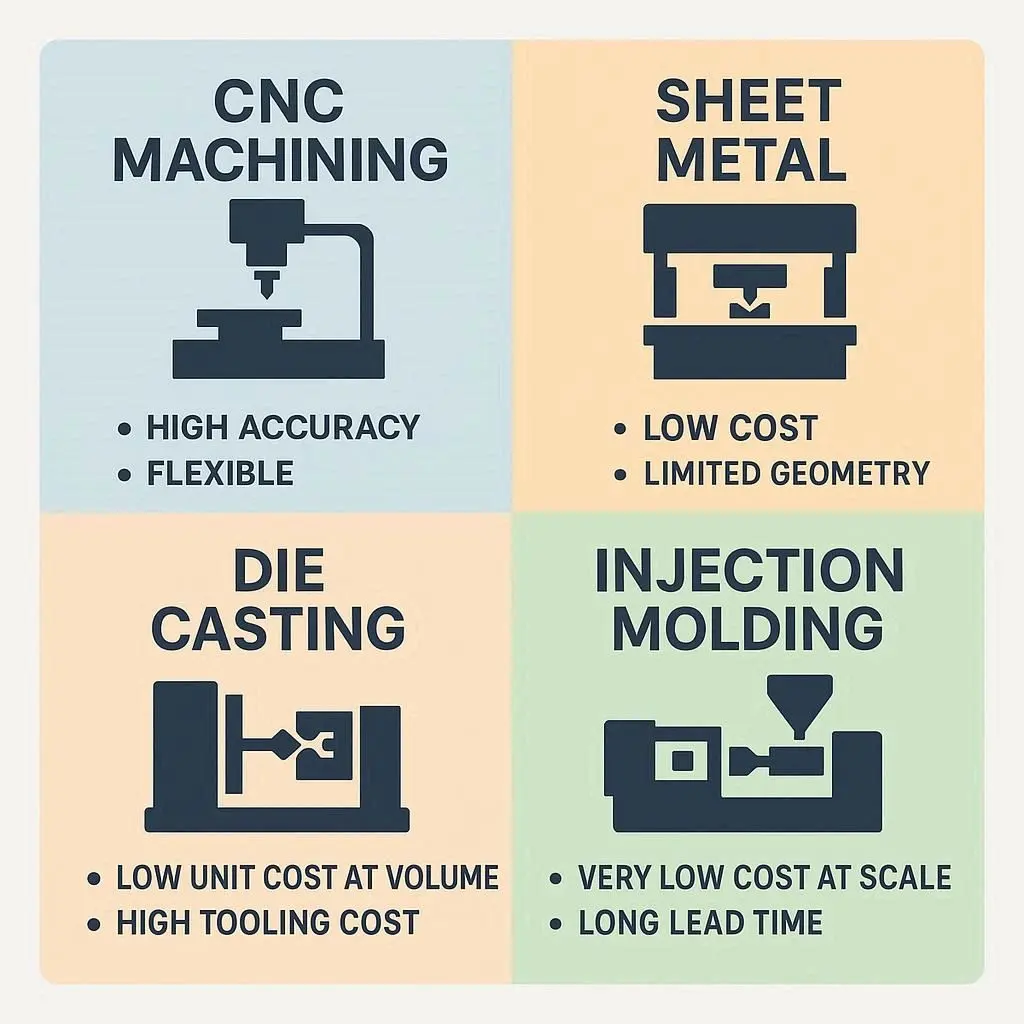 Comparison infographic of CNC machining, sheet metal fabrication, die casting, and injection molding.