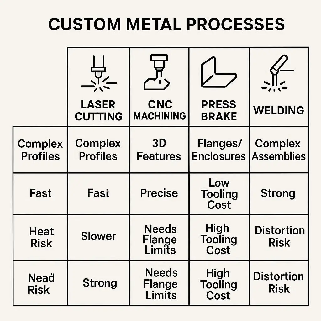 Comparison infographic showing pros and cons of laser cutting, CNC machining, press brake bending, stamping, and welding.