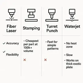 Infographic comparing laser cutting, stamping, turret punching, and waterjet cutting by pros and cons.
