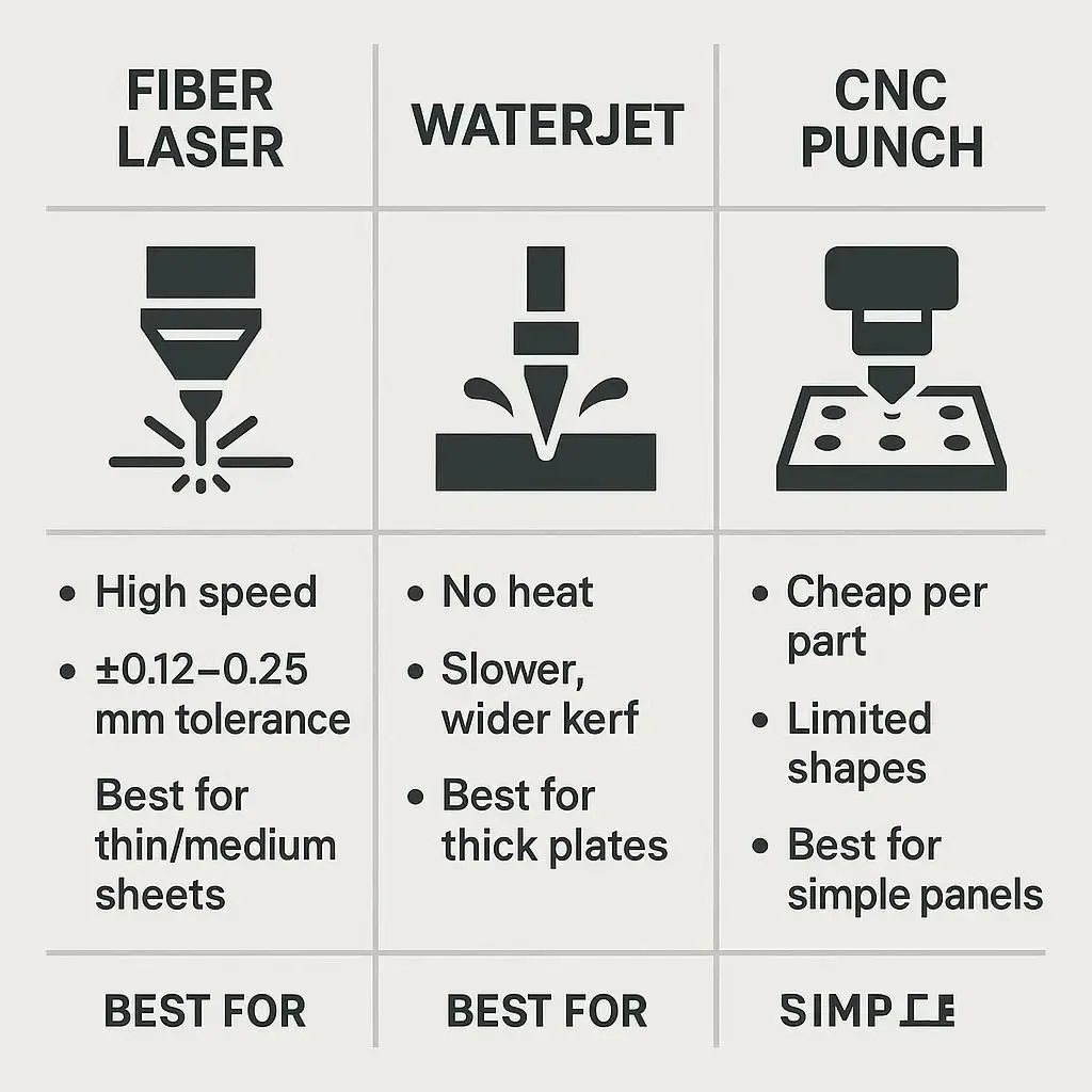 Infographic comparing laser cutting, waterjet, and CNC punching for custom sign production.