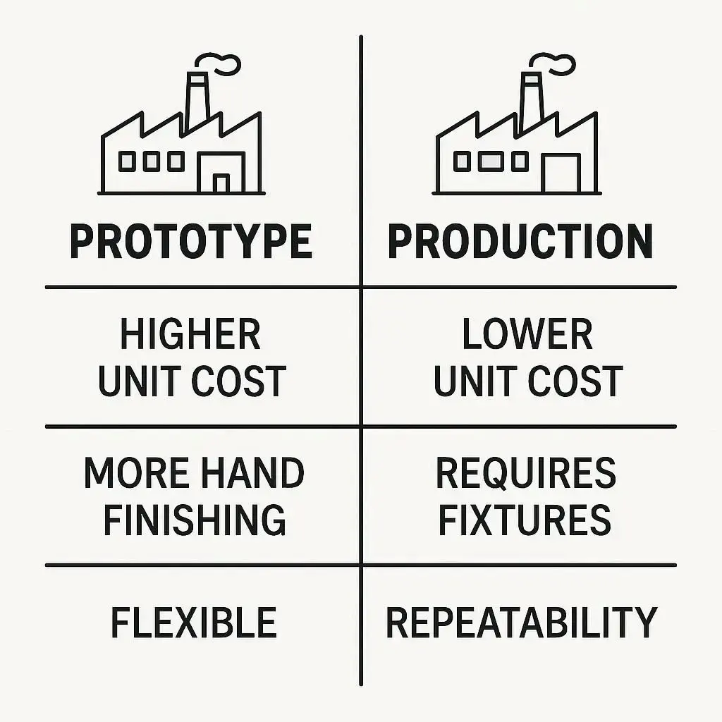 Comparison of prototype versus production economics for custom machined aluminum parts.