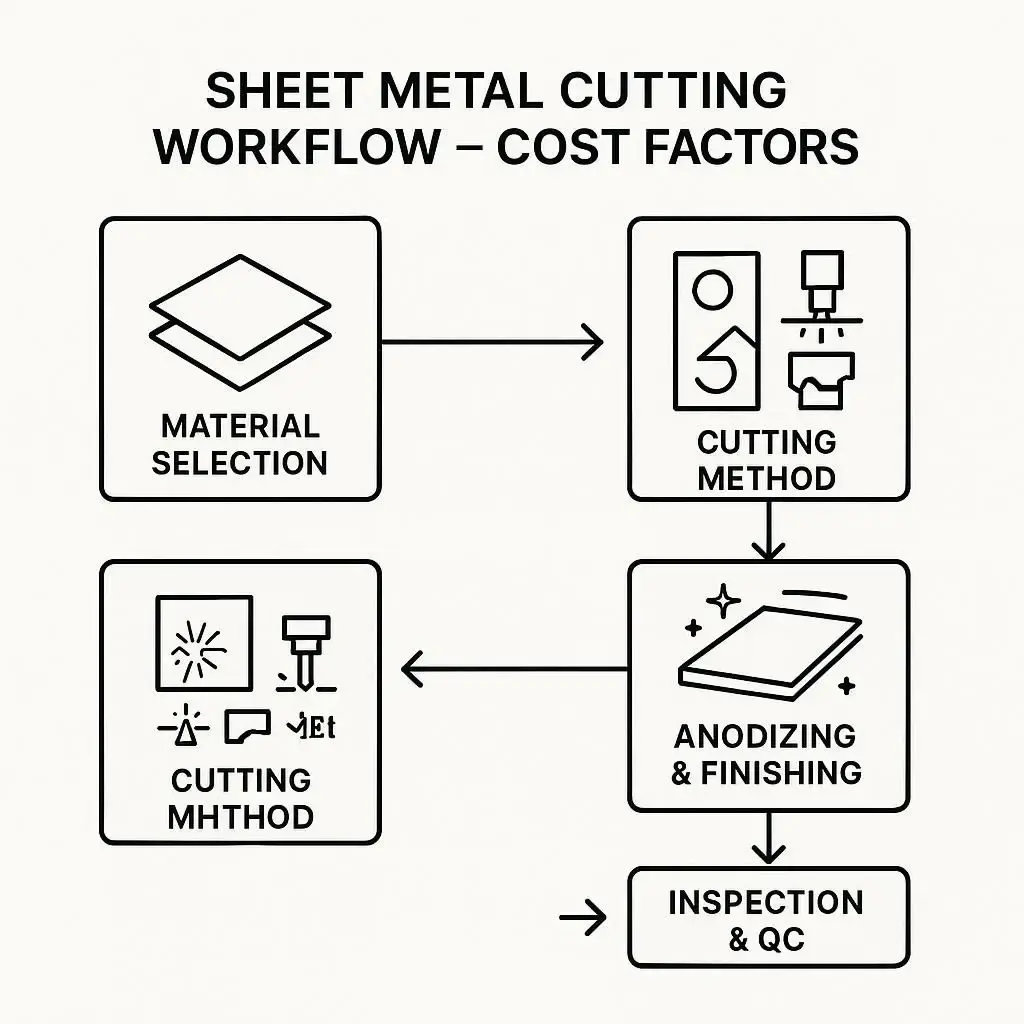 Flowchart showing the sheet metal cutting workflow from material and nesting to cutting, finishing, and inspection.