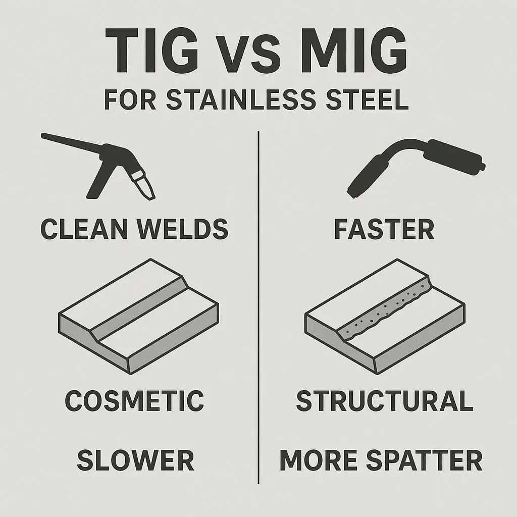 Comparison infographic of TIG vs MIG welding processes in stainless steel fabrication.