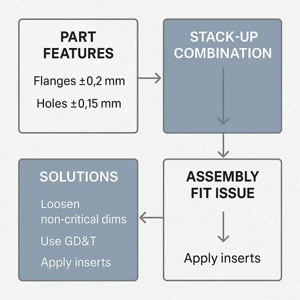 Flowchart illustrating how tolerance stack-up affects sheet metal assemblies and ways to mitigate problems.