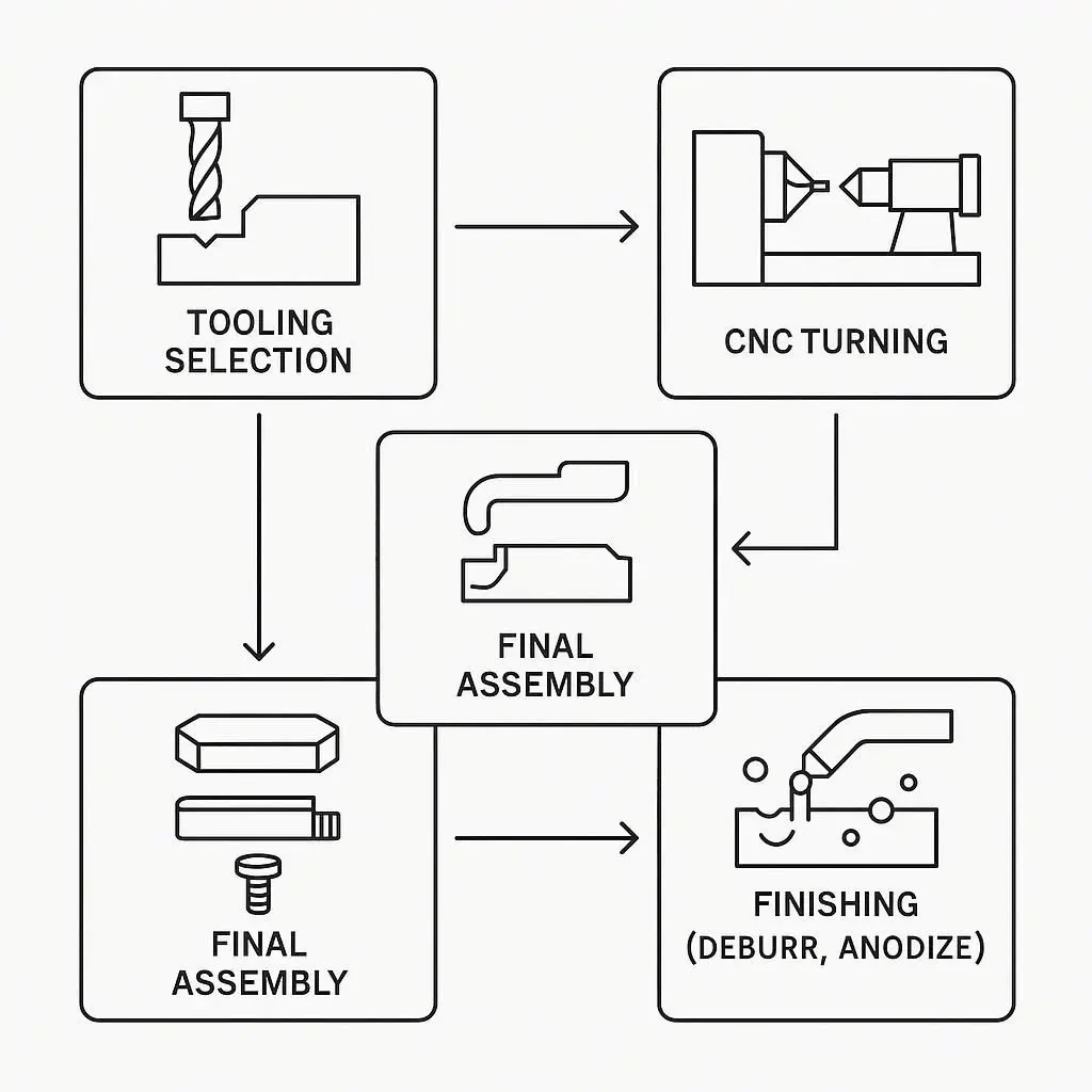 Flowchart showing tooling, fixturing, machining, finishing, inspection, and assembly steps in CNC turning parts production.