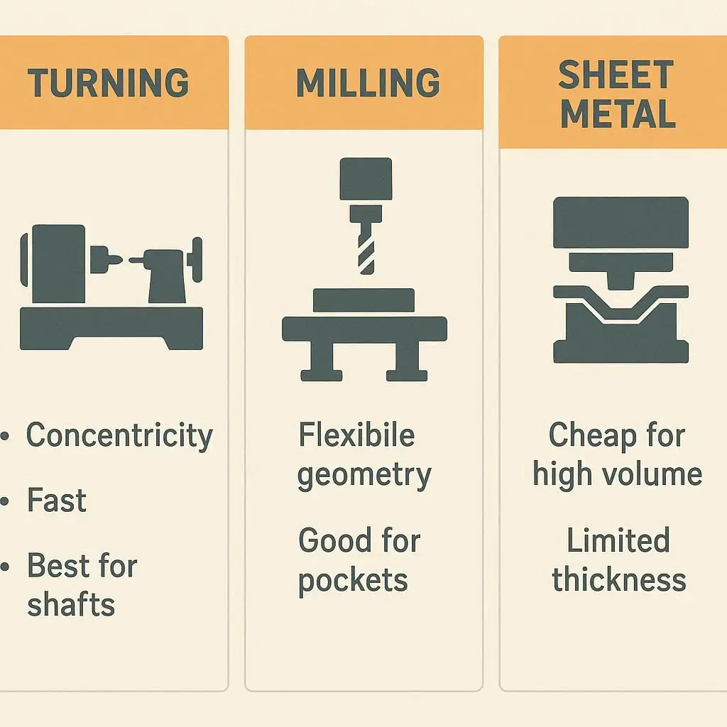 Comparison infographic of turning, milling, and sheet metal processes with pros, cons, and best applications.