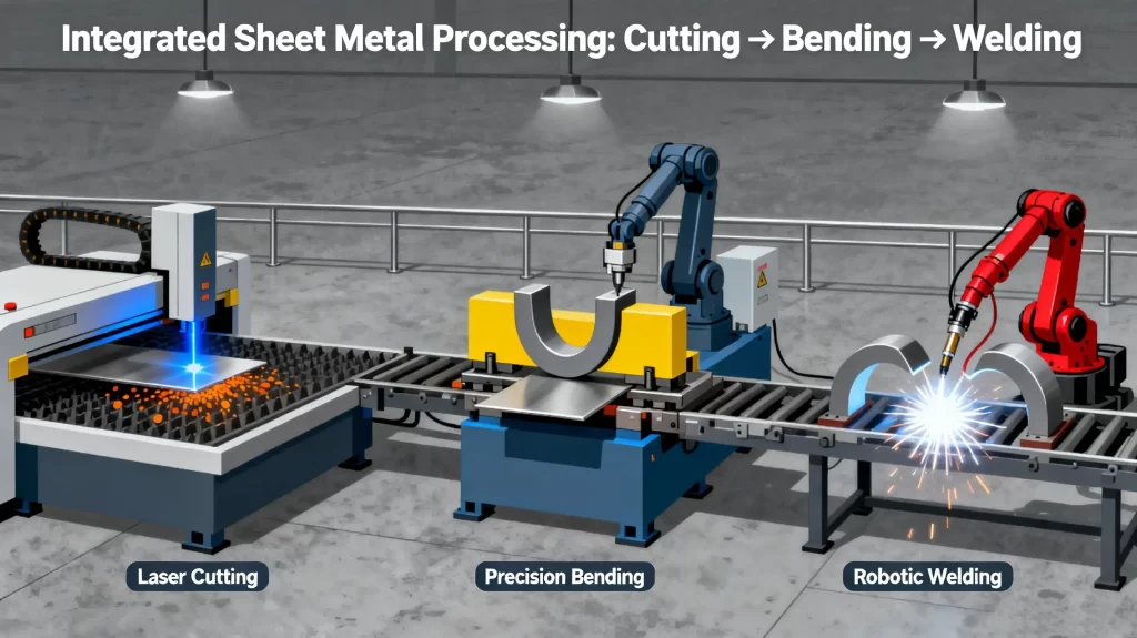 Metal bending process flow integrating cutting, bending and welding stages