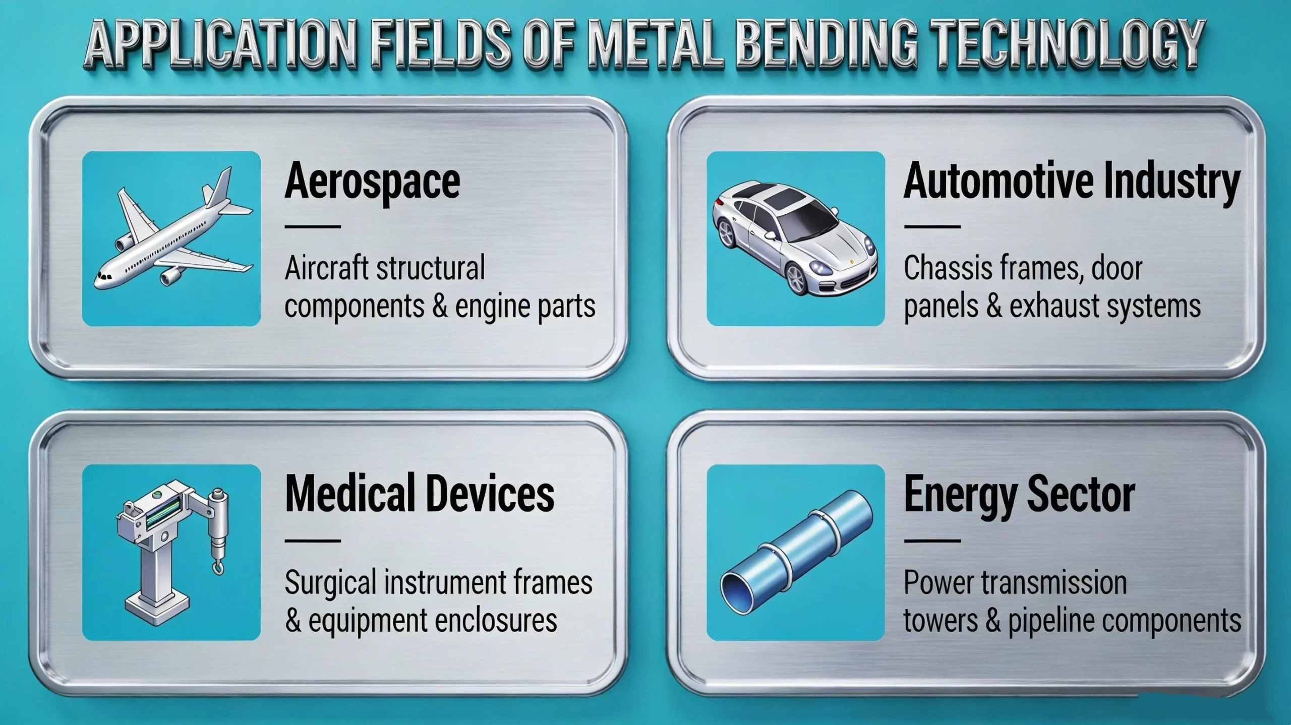 Application field distribution map of hard metal bending, showing aerospace, automotive industry, medical equipment, energy industry and other application fields