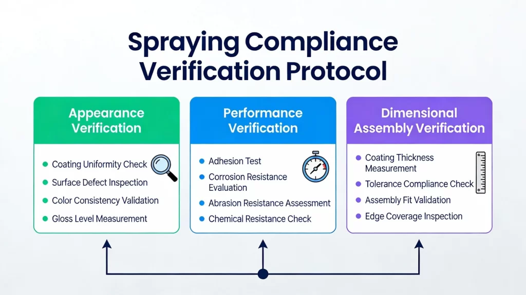 Details the key points of spraying compliance verification such as appearance, performance, and dimensional assembly, helping to control quality
