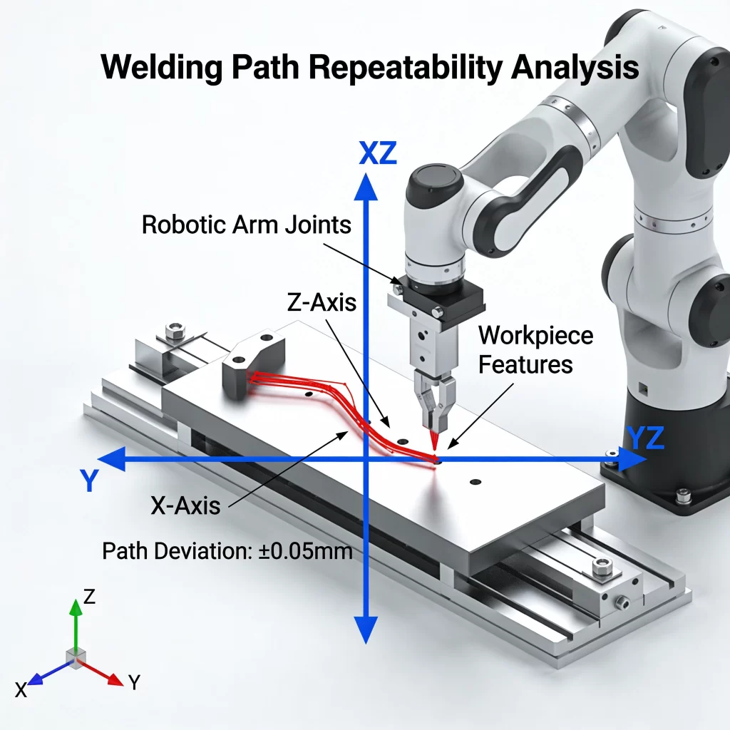 Technical illustration showing welding path repeatability with 3D model and coordinate system, detailed engineering visualization, all text in English