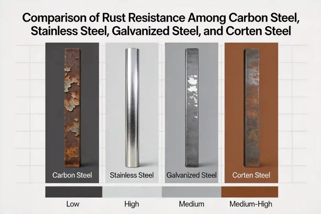 A comparison chart of different steel types (carbon steel, stainless steel, galvanized steel, Corten steel) with visual representations of their rust resistance.
