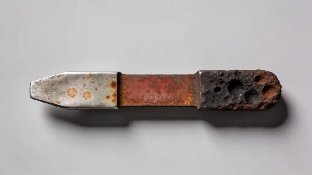 A steel tool showing different stages of rust development, from surface discoloration to deep pitting.