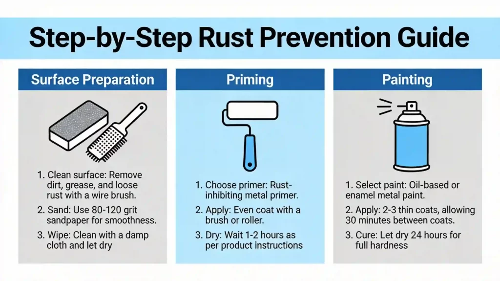 A step-by-step guide to applying rust prevention, showing surface preparation, priming, and painting processes.