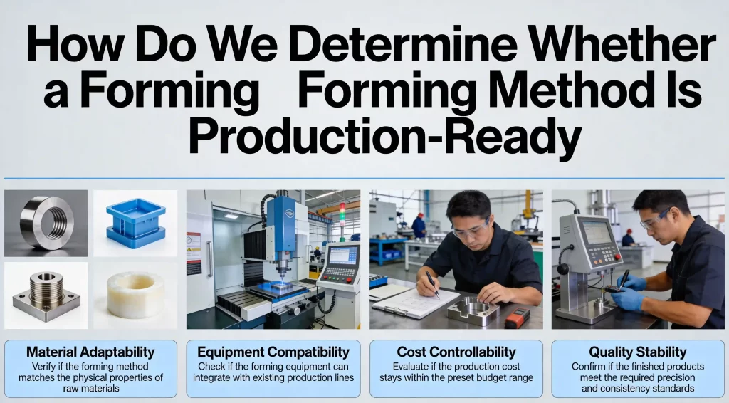 Flowchart illustrating the evaluation criteria for production-ready forming methods, focusing on predictability and process stability.