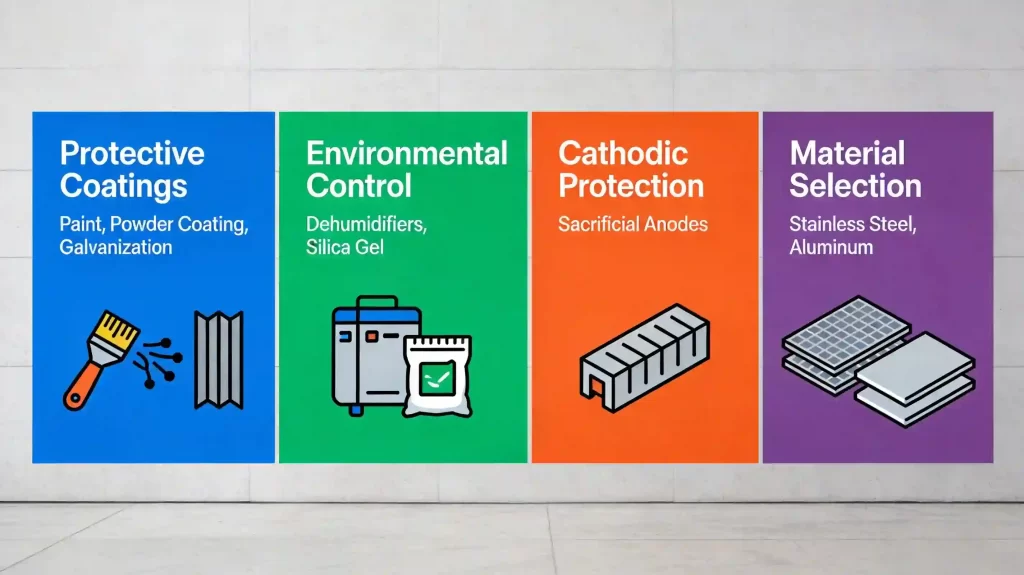 Four main rust prevention methods shown side by side protective coatings, environmental control, cathodic protection, and material selection.