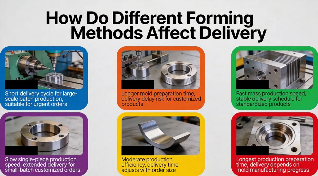 Infographic showing the impact of 6 forming methods on delivery schedules, including lead time, stability, and risk factors.