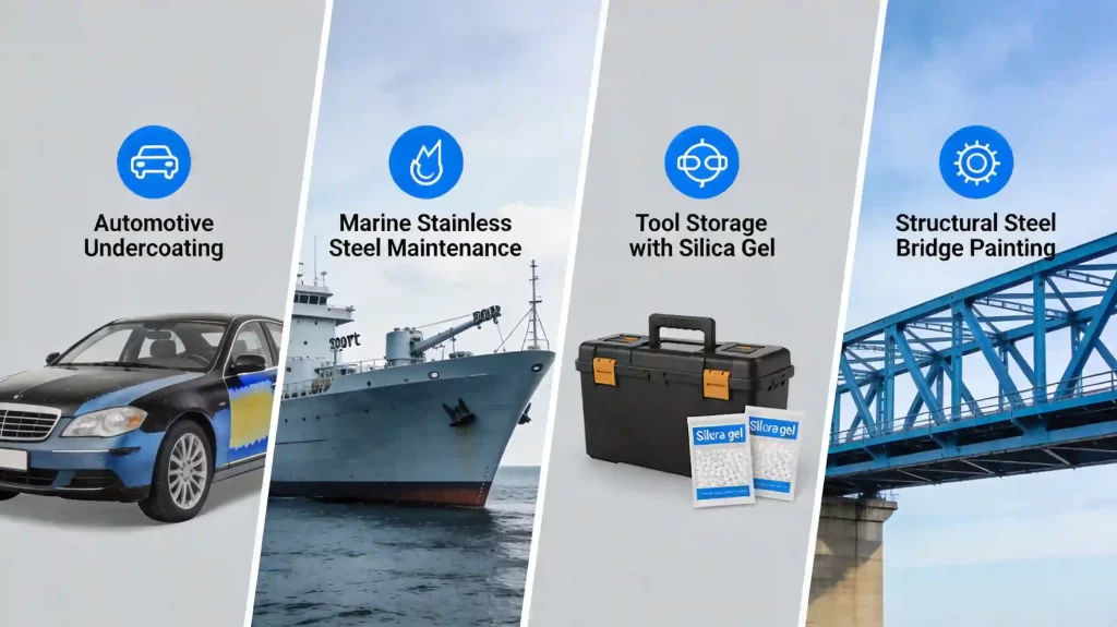 Specialized rust prevention applications automotive undercoating, marine stainless steel maintenance, tool storage with silica gel, and structural steel bridge painting.