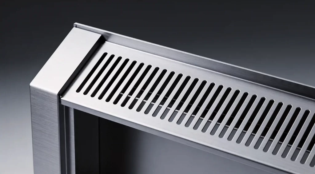 A sleek, silver-grey sheet metal fireplace housing displayed in a modern living space, highlighting precise craftsmanship and industrial aesthetics in 169 landscape orientation.