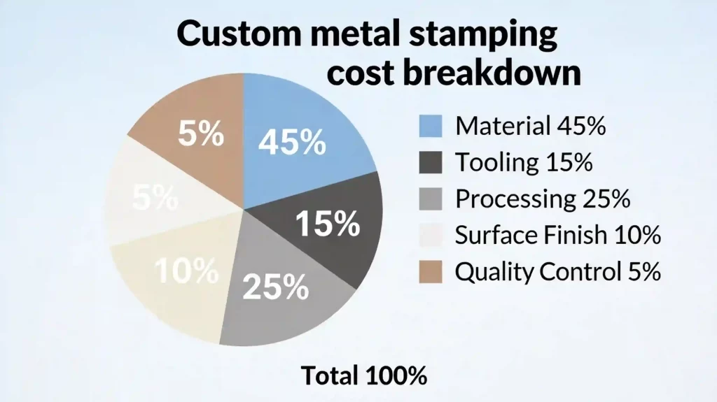 Accurate cost breakdown pie chart showing Material 45%, Tooling 15%, Processing 25%, Surface Finish 10%, Quality Control 5%, totaling 100%