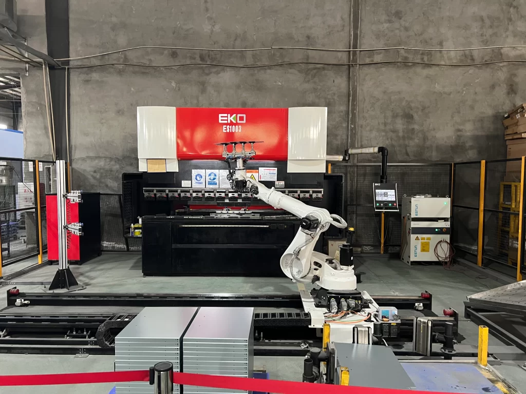 Automated press brake line for metal drawer panel bending in sheet metal production
