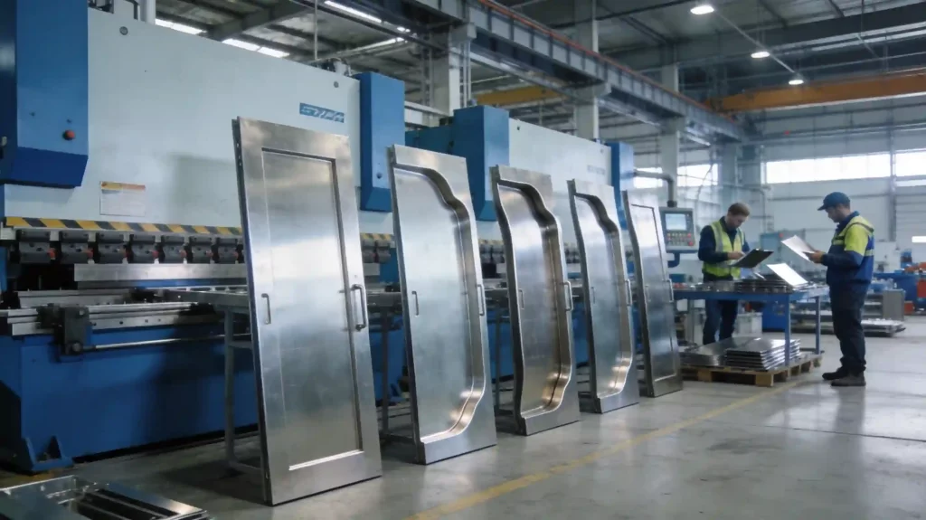 Bent metal cabinet doors in a modern sheet metal fabrication workshop