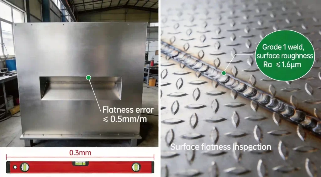 Close-up view of finished sheet metal fireplace housing panels, showcasing welding quality, surface flatness and detailed edge finishing in 169 landscape format.