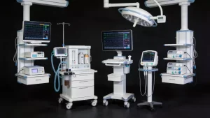 Complete assembled medical devices with stamped metal components showcased on professional dark background