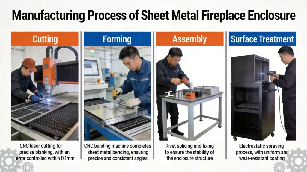 Diagram illustrating the complete production workflow including laser cutting, CNC bending, welding assembly, cosmetic finishing and surface treatment