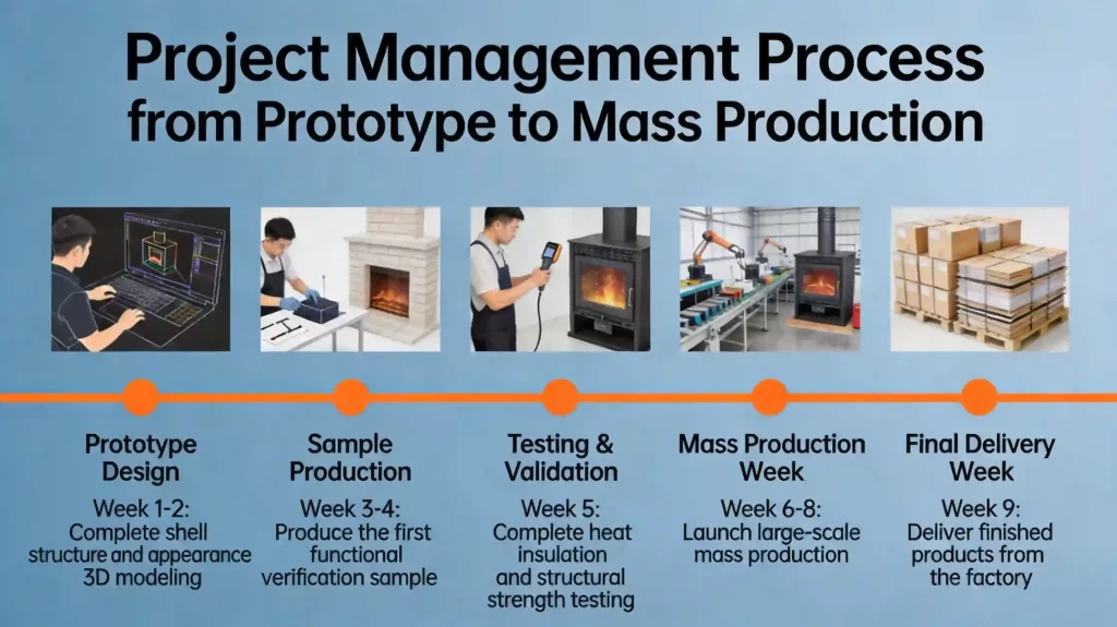 Gantt chart style timeline showing key milestones including requirement locking, pilot run validation, QC implementation and disciplined scheduling