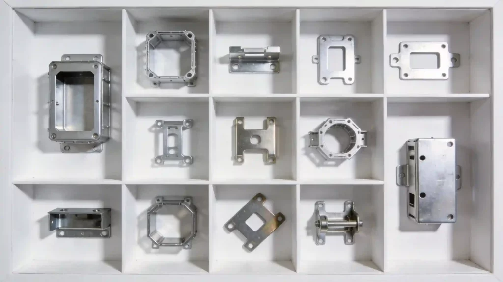 Nine-grid storage box layout showcasing diverse stamped metal components with professional overhead lighting