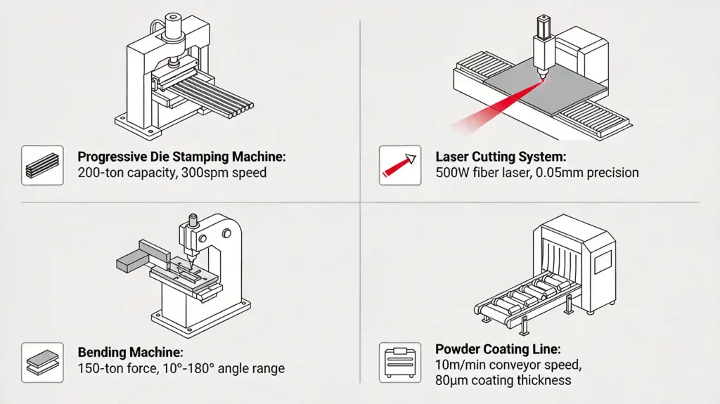 Technical illustration showing comprehensive stamping equipment lineup including progressive die stamping machine, laser cutting system, bending machine, and integrated powder coating line