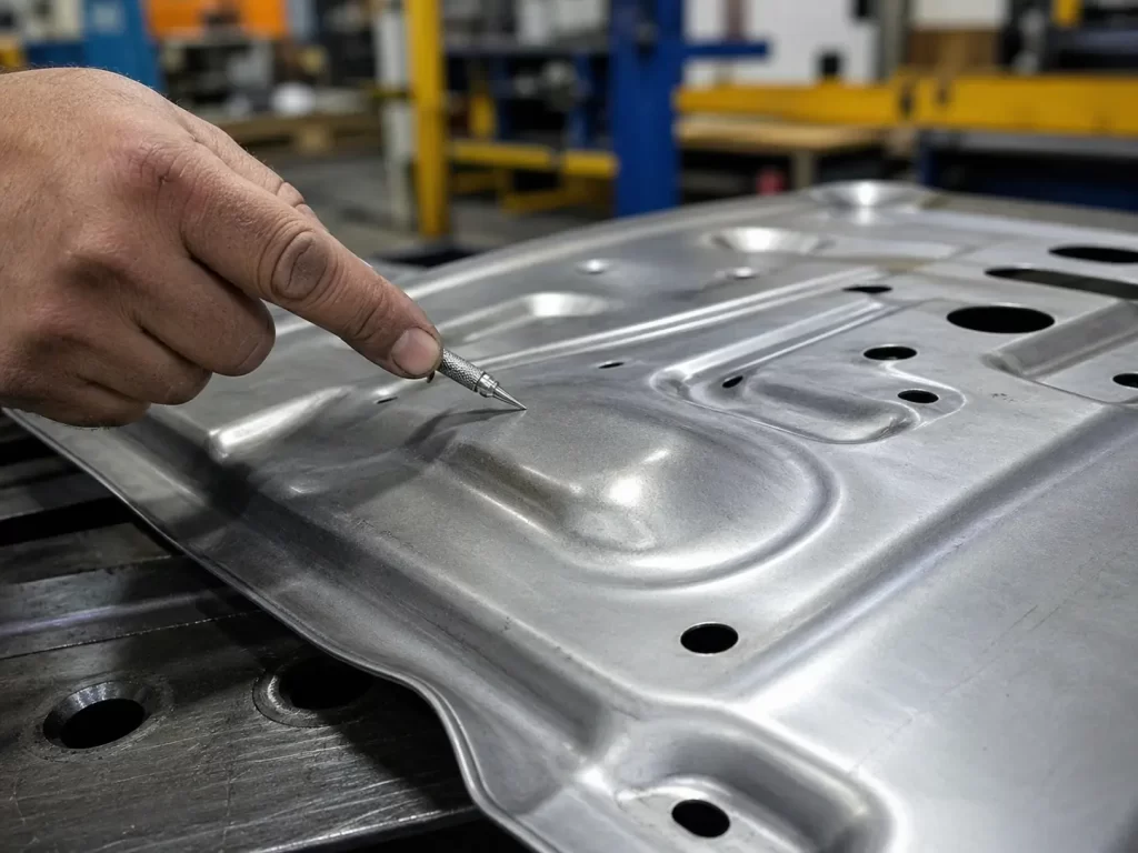 Close-up of a raised area defect on a sheet metal part